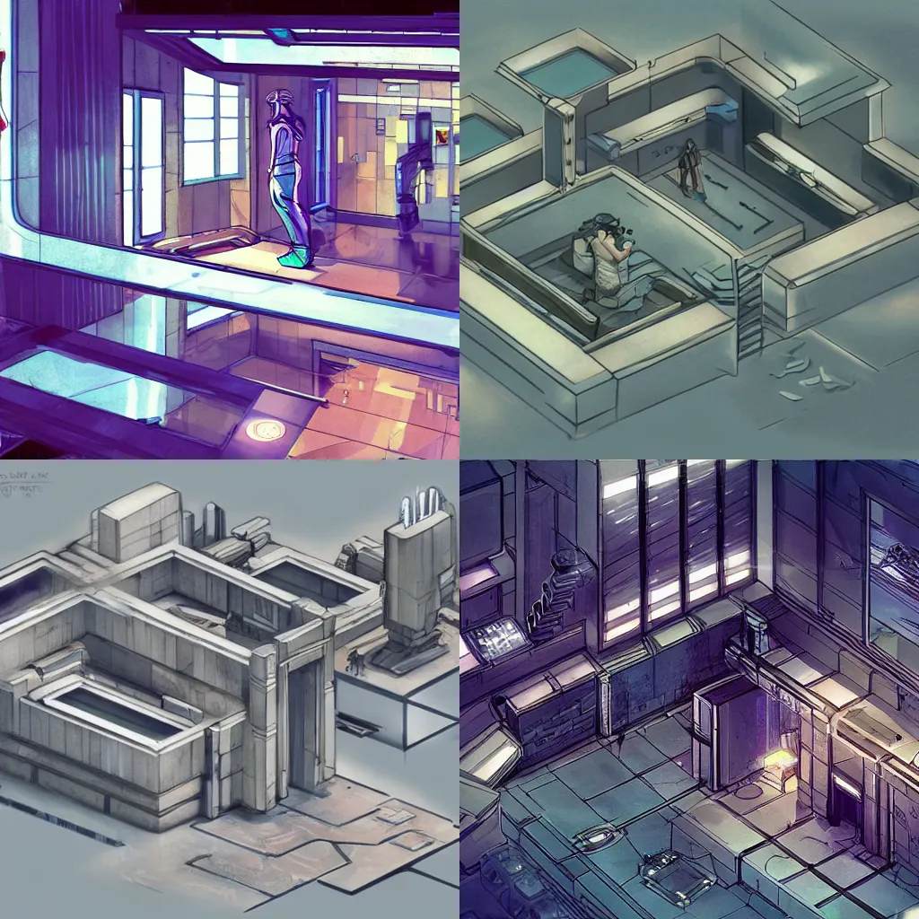 Prompt: concept art for a video game, inside of a futuristic but classy mansion, style of Blade Runner and Mirror\'s Edge, anime, isometric perspective
