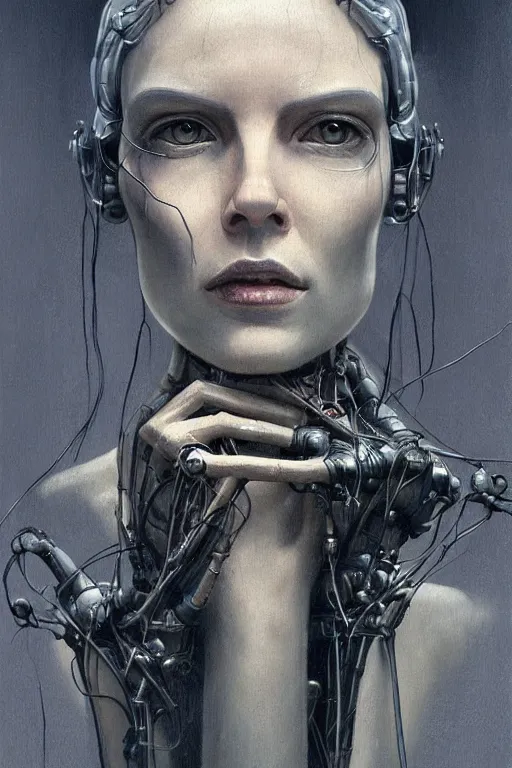 Image similar to surreal painting of a woman by Greg Rutkowski and H.R Giger, Vincent Di Fate, cyborg of old age, hair as wires, haunting appearance, pale as marble, biomechanical and intricate, empty expression, frightening, space horror, fascinating, highly detailed portrait, digital painting, artstation, concept art, smooth, sharp focus illustration, duo tone, HQ.