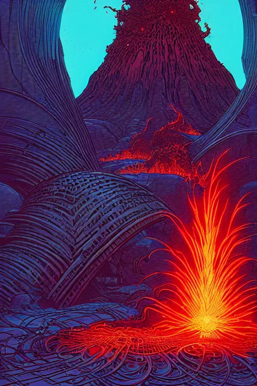 Image similar to artwork by kilian eng and ( dan mumford ) and toshi yoshida and franklin booth showing a gigantic futuristic powerstation!! in front of a ( ( exploding volcano ) ), vintage scifi, high details, dramatic lightning,, 8 k