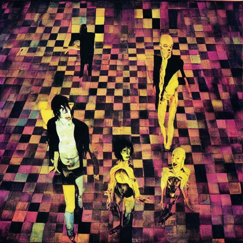 Image similar to two people standing on top of a checkered floor, an album cover by syd barrett, tumblr, neo - expressionism, darksynth, nightmare, cosmic horror