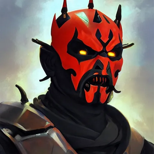 Image similar to greg manchess portrait painting of armored darth maul as overwatch character, medium shot, asymmetrical, profile picture, organic painting, sunny day, matte painting, bold shapes, hard edges, street art, trending on artstation, by huang guangjian and gil elvgren and sachin teng