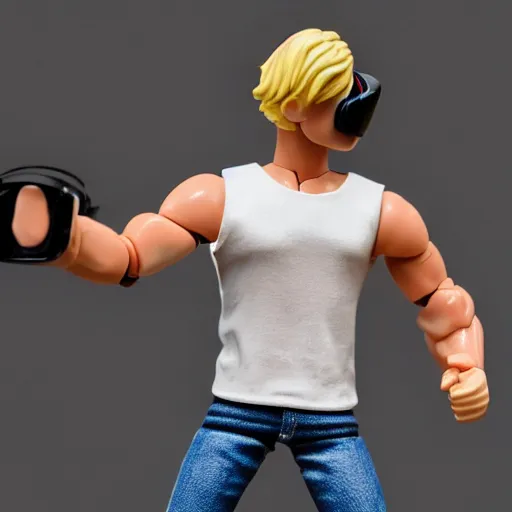 Image similar to action figure of a skinny blonde male wrestler wearing a vr headset and wearing a t - shirt and jeans, high detail, realistic,