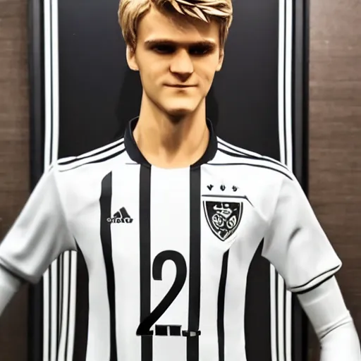 Image similar to a realistic detailed photo of a guy who is an attractive humanoid who is half robot and half humanoid, who is a male android, soccer player martin ødegaard, shiny skin, posing like a statue, blank stare, in a living room, on display