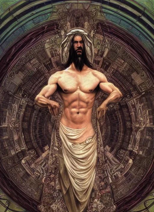 Image similar to Keanu Reeves as God of Beauty, brutal, fantasy, intricate, elegant, highly detailed, digital painting, 4k, HDR, concept art, smooth, sharp focus, illustration, art by alphonse mucha,artgerm, H R Giger