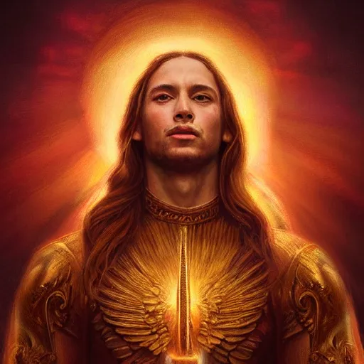 Image similar to Majestic gracious Archangel Michael portrait, atmospheric lighting, painted, intricate, volumetric lighting, beautiful, rich deep colors masterpiece, golden hour, sharp focus, ultra detailed, by Leesha Hannigan, Ross Tran, Thierry Doizon, Kai Carpenter, Ignacio Fernández Ríos