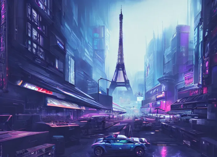 Image similar to cyberpunk scifi scene of paris at night, scifi drones in the sky, artstation, matt painting, very detailed, maximalism, ambient occlusion, volumetric light, atmospheric haze, unreal engine, hyper realism, realistic shading, cinematic composition, realistic render, octane render, detailed textures, photorealistic, wide shot