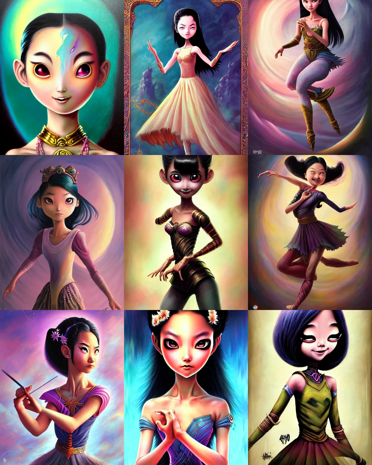 Prompt: an epic fantasy comic book style painting of a young malaysian woman, fighting ballerina, smile, expressive, pastel palette, dark piercing eyes, tan skin, beautiful futuristic hair style, awesome pose, character design by mark ryden pixar hayao miyazaki, ue 5