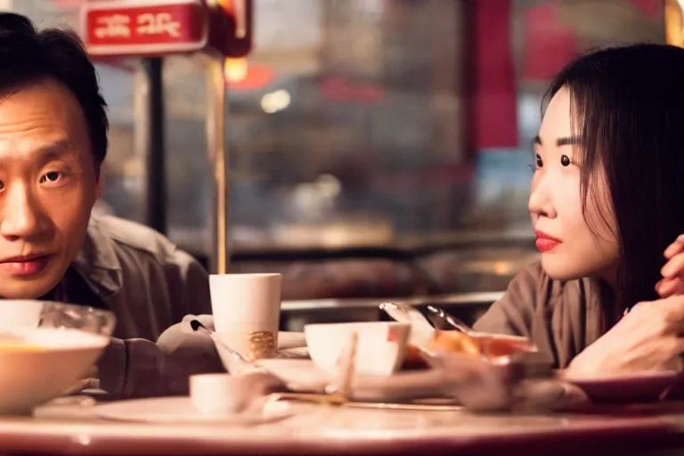 Prompt: movie interior closeup beautiful Asian couple closeup sitting at 50s diner, night in the city, beautiful skin, by Emmanuel Lubezki