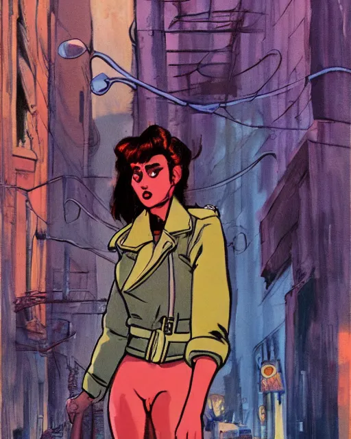 Image similar to young female protagonist in leather jacket, city street, artwork by ralph bakshi