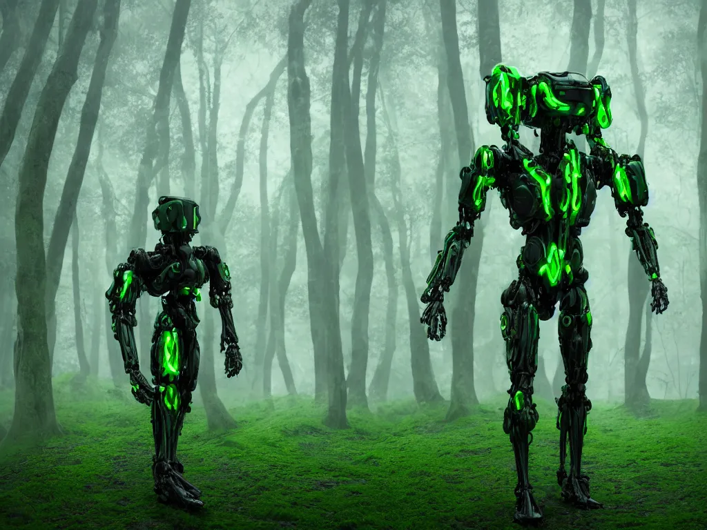 Image similar to a hyperdetailed humanoid mecha with a biomechanical neon green organic exoskeleton walking through a deep, foggy forest hd 35mm photography, octane render, cinematic 4k