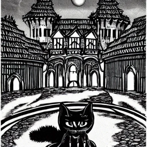 Prompt: demon all black house cat sitting on top of a castle, style of kentaro miura!!!!, black and white