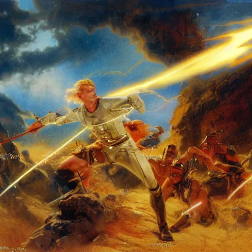 Image similar to a man with blonde hair shooting lightning bolts at his enemy in battle. detailed matte painting. masterpiece. 4 k. fantasy art. by gaston bussiere. derek zabrocki. ralph mcquarrie.