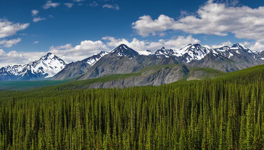 Prompt: Alaska wilderness in summer with mountainous background as seen from scenic viewpoint. panorama view.