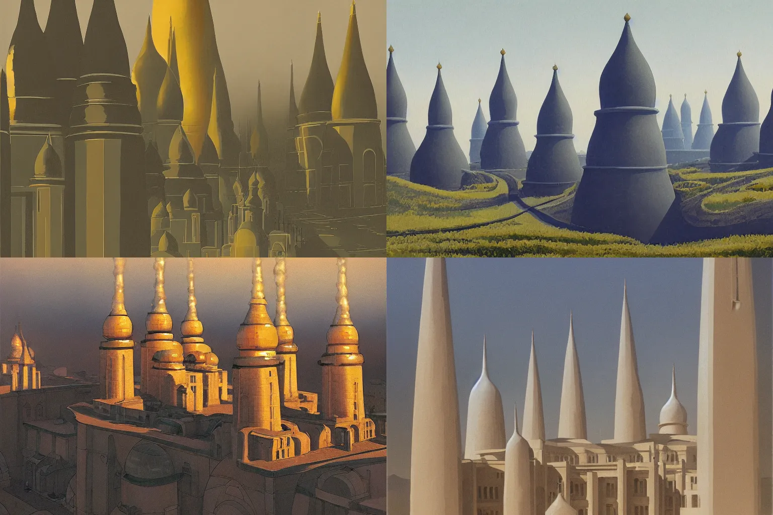 Prompt: [ nuclear ] monasteries, ran by the hydrohelenine [ monks ], devoted to safeguarding the longterm energy needs of humanity. soviet influence onion domes. stunning concept art by ralph mcquarrie. 8 k.