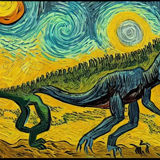 Image similar to painting of the extinction of the dinosaurs, in the style of vincent van gogh