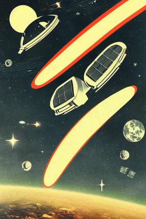 Image similar to poster of huge space station over earth, 1 9 5 0 s style, futuristic design, dark, symmetrical, washed out color, centered, art deco, 1 9 5 0's futuristic, glowing highlights, intense