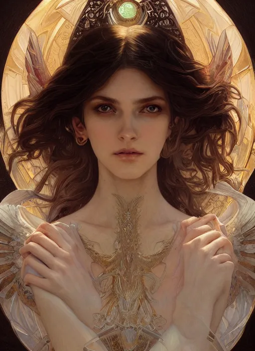 Image similar to close up portrait of beautiful angel, d & d, face, fantasy, intricate, elegant, highly detailed, digital painting, artstation, concept art, smooth, sharp focus, illustration, art by artgerm and greg rutkowski and alphonse mucha