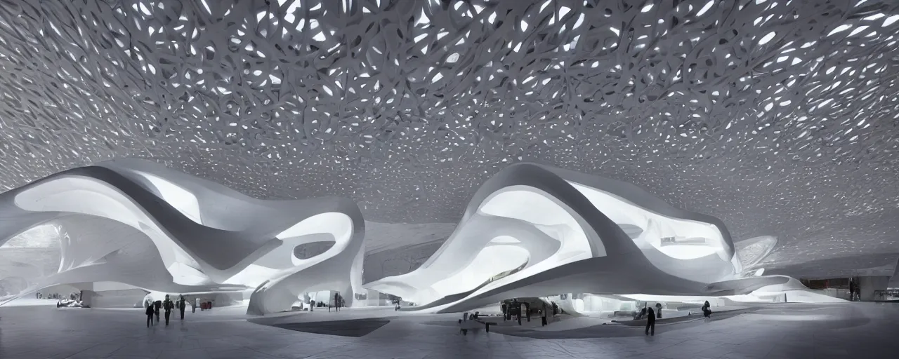 Image similar to futuristic museum, harmony, elegant, photorealistic, epic, high detailed, by zaha hadid