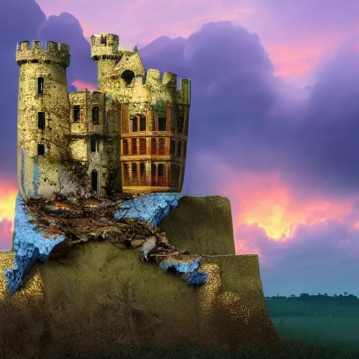 Prompt: | type : 3 d render | style : fantasy, detailed, hyperrealism | subject : a crumbling castle on a floating boulder | colors : gold and blue and green | scene : sky full of clouds during sunset | subject description : old and beautiful decaying castle | lighting : golden sunset | emotion : warm, peaceful | params :