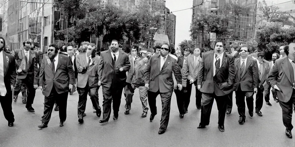 Prompt: A large group of chubby men in suits and neckties parading through the street canes, overcast day, 1990s, color.