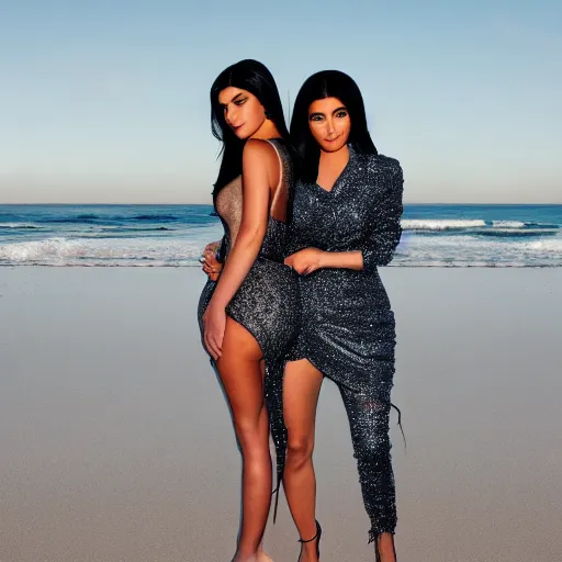 Prompt: kylie jenner hugging kim kardashian standing on a beach, army outfits, starry night, 4k, photo