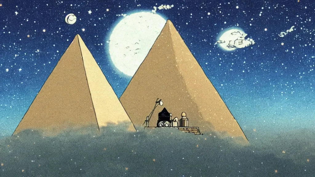 Image similar to a movie still from a studio ghibli film showing a floating large white pyramid with a gold capstone, and a ufo on a misty and starry night. by studio ghibli