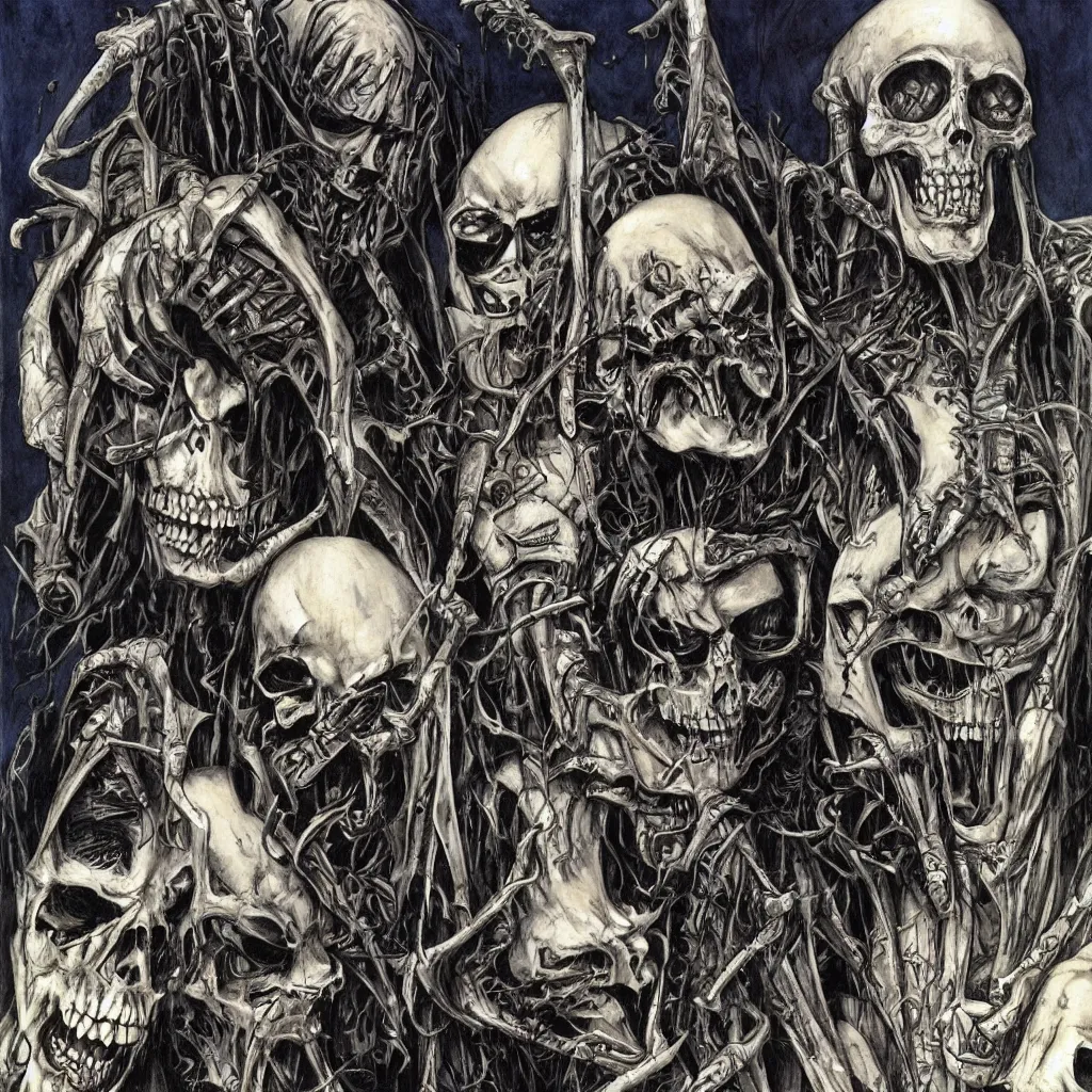 Image similar to judge death and vic rattlehead by simon bisley and h.r. giger