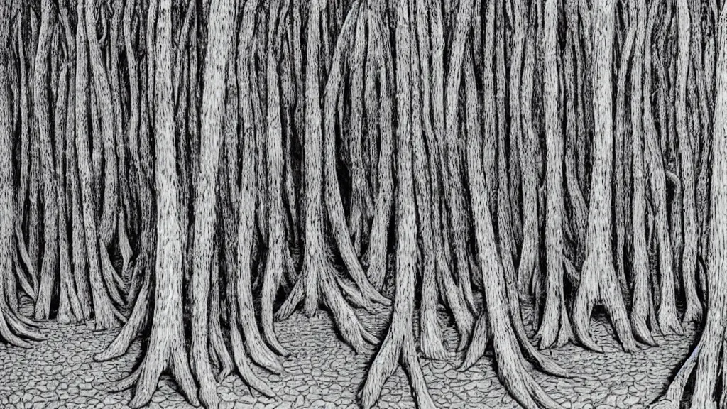 Image similar to a forest of fingers, by chris van allsburg and m. c. escher, fine inking lines, surreal fantasy