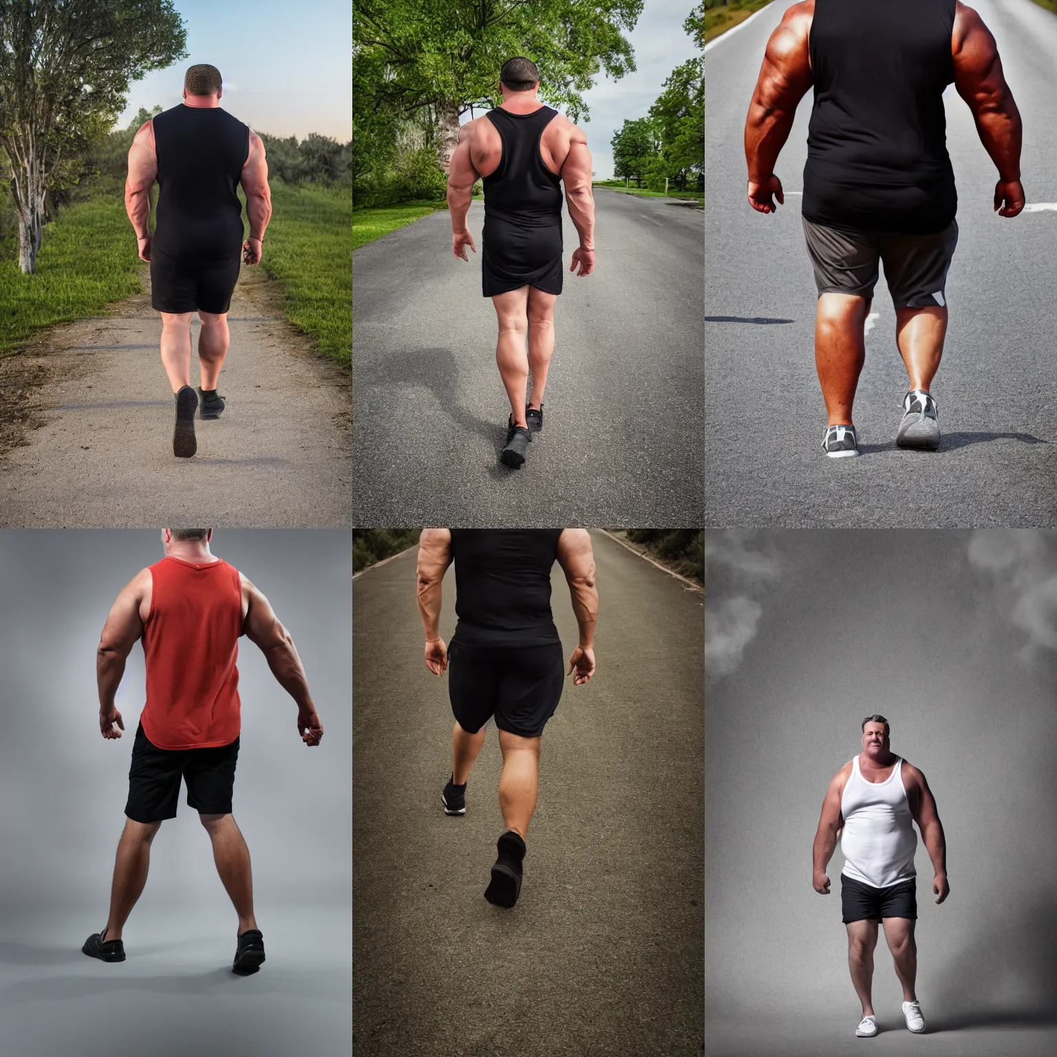 Prompt: A big strong man wearing a muscle shirt walking away. Full body, professional photography, color.