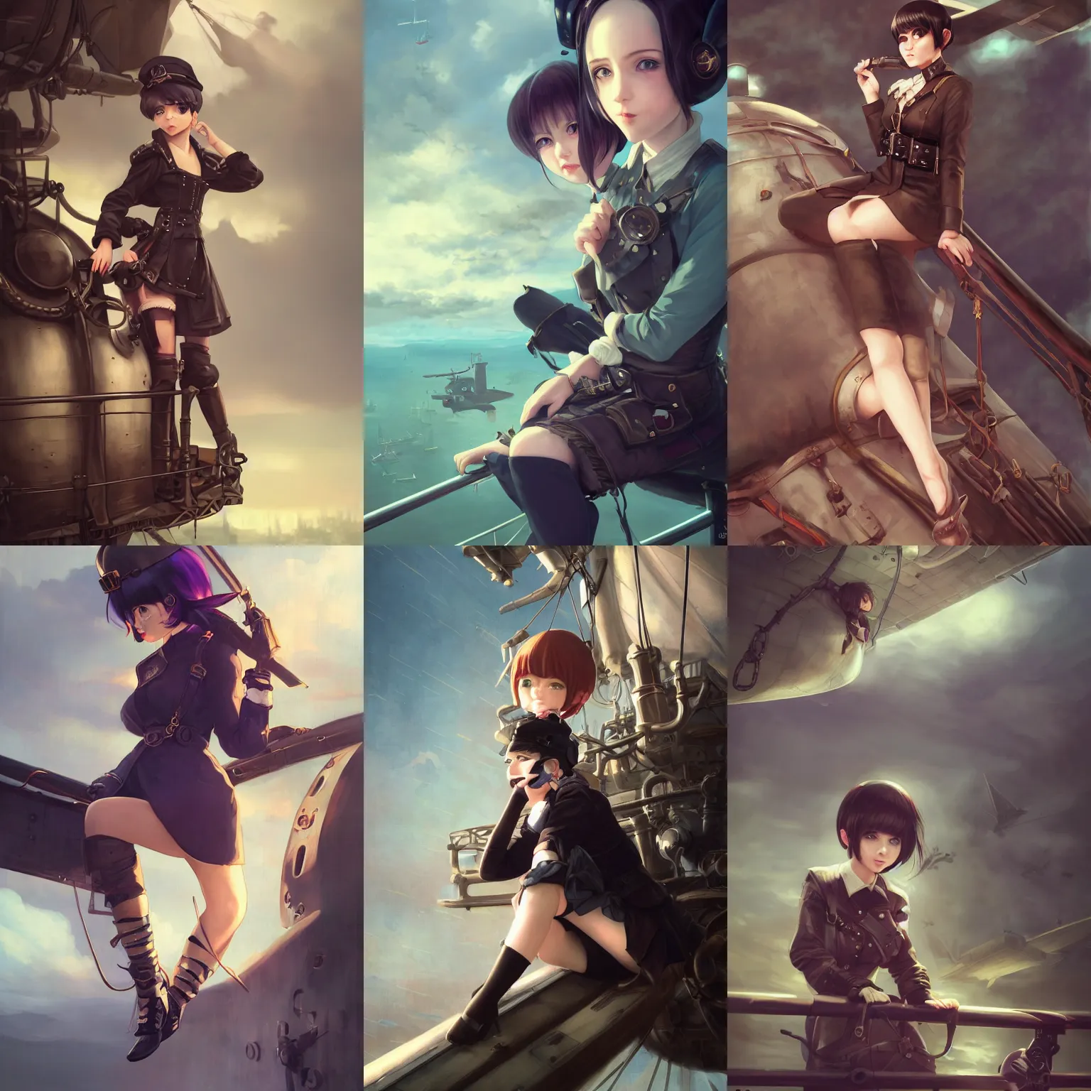 Prompt: a portrait of a cute woman in an air pirate outfit with black bob cut hair and eye patch, sitting on the railing of an airship, steampunk setting, gears, steam, mist, vivid colors, soft lighting, atmospheric, cinematic, moody, in the style of Ilya Kuvshinov and Range Murata, Krenz Cushart, oil on canvas, 8k