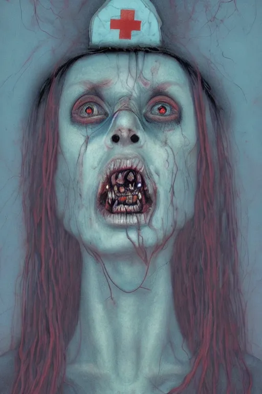 Image similar to crayon cartoon grunge portrait of a creepy horror nurse girl . intricate abstract. intricate artwork. nightmare fuel. terrifying. by zdzisław Beksiński, wlop, dan mumford , trending on artstation, greg rutkowski very coherent symmetrical artwork. cinematic, hyper realism, high detail, octane render, 8k