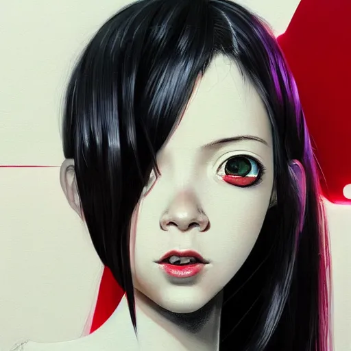 Image similar to A cyborg girl with big and cute eyes, fine-face, realistic shaded perfect face, fine details. red, black and white robotic parts. realistic shaded lighting poster by Ilya Kuvshinov katsuhiro otomo ghost-in-the-shell, magali villeneuve, artgerm, Jeremy Lipkin and Michael Garmash, Rob Rey and Kentarõ Miura style, trending on art station