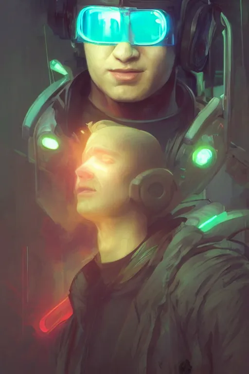 Prompt: portrait Ron Wisly with visor in cyberpunk, harry potter, neon lighting, night city, digital art from artstation by Ruan Jia and Mandy Jurgens and Artgerm and william-adolphe bouguereau and Greg Rutkowski