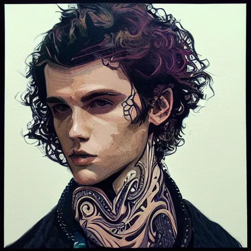 Image similar to in the style of Joshua Middleton art, beautiful young punk rock man playing guitar, long curly brown hair with black paisley bandana, denim vest over leather jacket, symmetrical face, concept art, impasto painting