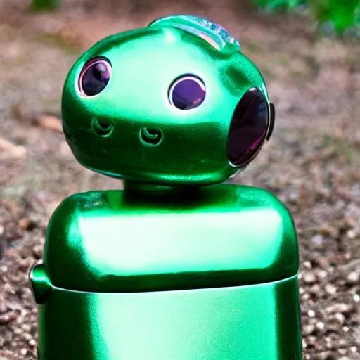 Image similar to real life photo of a shiny little green robot smiling