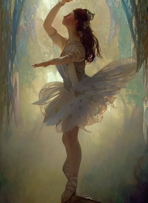 Prompt: a beautifull intricate gemstone painting of a dancing ballerina, reflexions, verry high details by william turner art, greg rutkowski and alphonse mucha, trending on artstation, very very detailed, masterpiece, muted colors