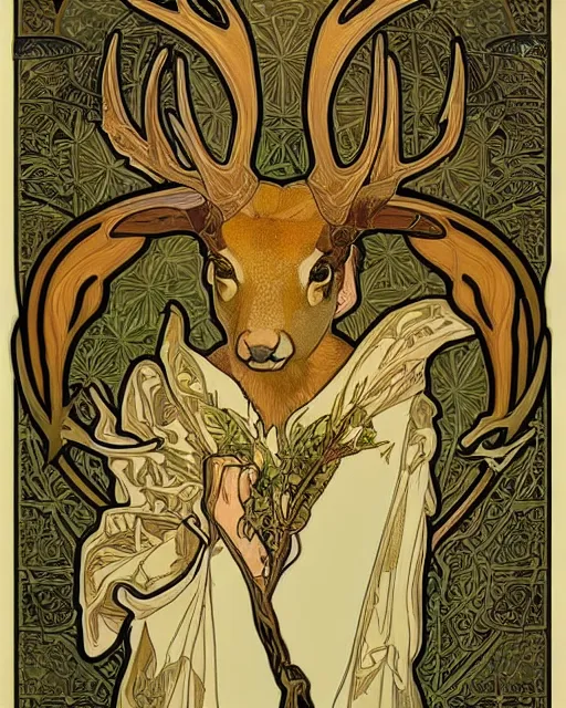 Prompt: an art nouveau painting of a deer with antlers, highly detailed, intricate, artstation, by alphonse mucha