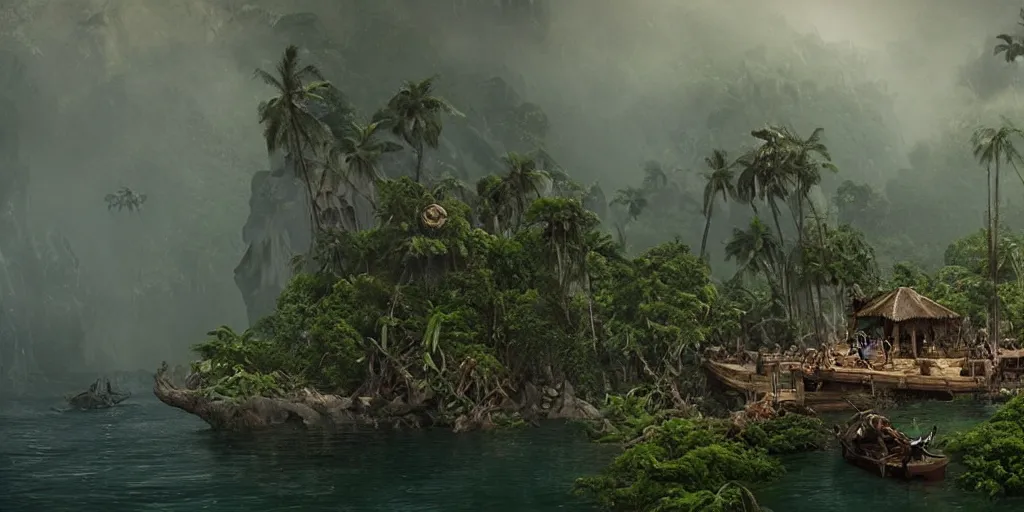 Image similar to screenshot from a dramatic pirate movie of ab epic matte painting of a misty jungle island on choppy seas, cinematic cinematography masterpiece, skull, greg rutkowski, and ivan aivazovski, roger deakins