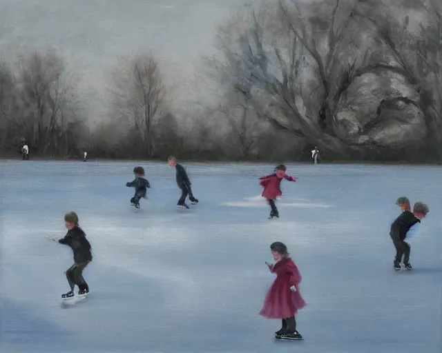 Image similar to Children ice skating. Oil painting by Lisa Yuskavage.