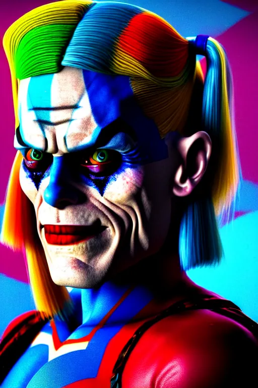 Image similar to portrait of williem dafoe as a harley quinn in suicide squad. intricate abstract. intricate artwork. by tooth wu, wlop, beeple, dan mumford. octane render, trending on artstation, greg rutkowski very coherent symmetrical artwork. cinematic, hyper realism, high detail, octane render, 8 k, iridescent accents