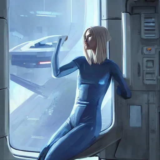 Image similar to concept art by greg rutkowski, a very tall, and slender blonde woman, wearing blue utilitarian jumpsuit, sitting in the spaceship command bridge, brutalist futuristic interior, dark lighting atmosphere, detailed portraits, nostalgic atmosphere, scifi, digital painting, artstation, concept art, smooth, sharp foccus ilustration, artstation hq