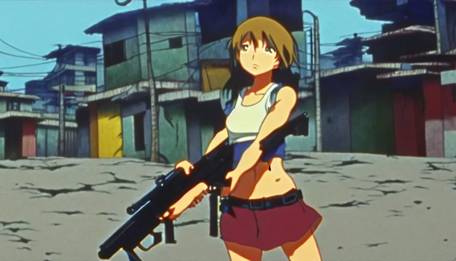 Image similar to 8 k screencap of a girl with a gun on a favela anime, by hayao miyazaki, studio ghibli, favela background extremely high quality artwork