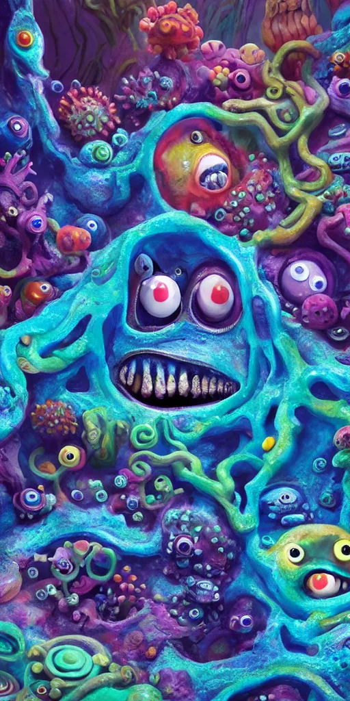 Image similar to of a colorful deep sea cave with strange cute friendly happy creatures with huge eyes, mouth, long tongue and round teeth appearing from sandy coral, in the style of gehry and gaudi, macro lens, shallow depth of field, ultra detailed, digital painting, trending artstation, concept art, illustration, cinematic lighting, photorealism, epic, octane render