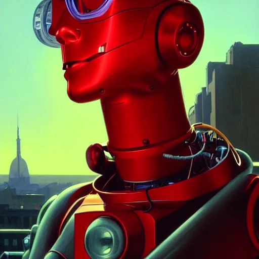 Prompt: the robot from the movie short circuit, wearing a red polo shirt, a gamestop setting, intricate, headshot, highly detailed, digital painting, artstation, concept art, sharp focus, cinematic lighting, illustration, art by artgerm and greg rutkowski, alphonse mucha, cgsociety, edward hopper