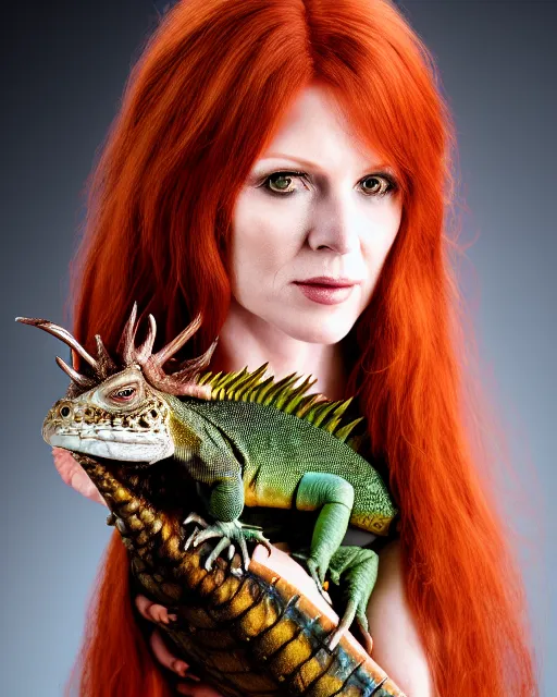 Prompt: 5 5 mm portrait photo of an armored redhead woman with antlers and a an iguana sitting on her shoulder by luis royo. highly detailed 8 k. intricate. lifelike. soft light. nikon d 8 5 0. cinematic post - processing