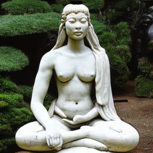 Prompt: marble statue of naomi campbell meditating in a rococo japanese garden