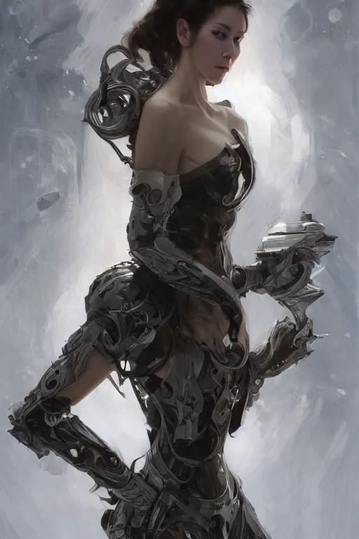 Prompt: > professional portrait of female an cryogenic assassin in a dynamic pose , armor elements , long dark hair, beautiful bone structure, symmetrical facial features, intricate, elegant, digital painting, concept art, smooth, sharp focus, illustration, by Ruan Jia and Mandy Jurgens , and mucha, and Artgerm and William-Adolphe Bouguerea