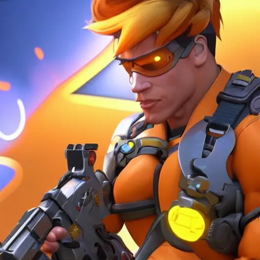 Image similar to a screenshot of arnold schwarzenegger as tracer in overwatch