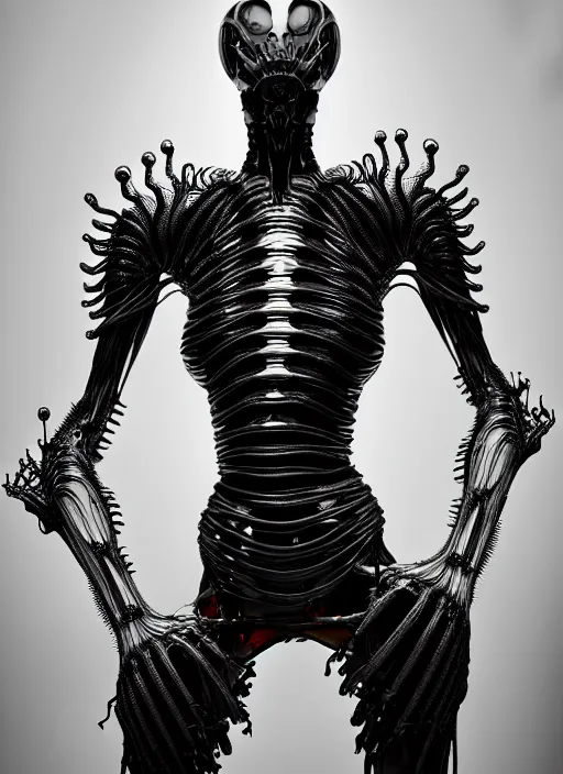 Image similar to iris van herpen gothic inflateble dark dress, perfect symmetrical body, helmet on face, full body shot, alien, plant predator, guyver, giger, wires, tubes, veins, jellyfish, white biomechanical details, wearing epic bionic cyborg implants, masterpiece, intricate, biopunk, vogue, highly detailed, artstation, concept art