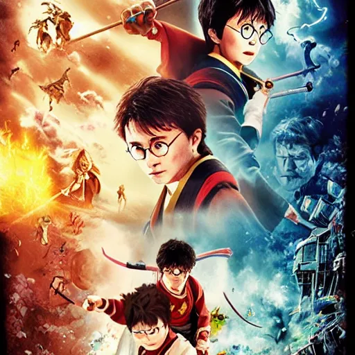 Image similar to poster for a film fantasy japanese animation called harry potter, a new hope, 8 k, hd, dustin nguyen, akihiko yoshida, greg tocchini, greg rutkowski, cliff chiang